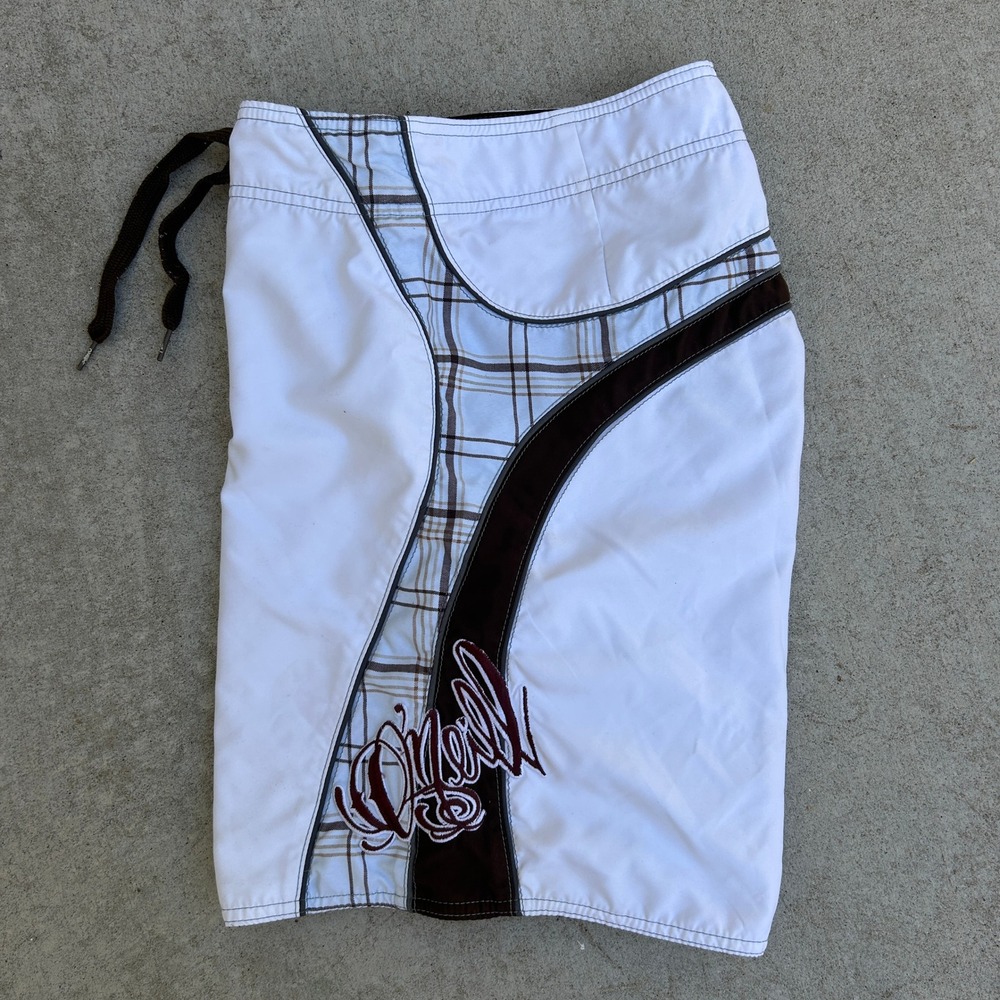 O'Neill Board Shorts Size 34 White Brown Plaid Y2K Andy Irons Era Vintage Surf
